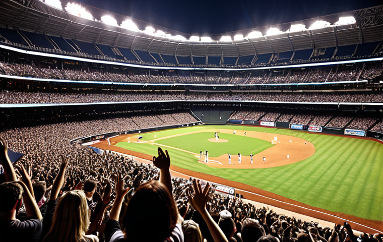 A packed baseball stadium at night, illuminated by stadium lights. A rock band is performing on a stage set up near home plate, with the team logo displayed prominently behind them. Fans are cheering and waving their hands in the air, creating a dynamic and energetic atmosphere. The overall mood is exciting and celebratory.
