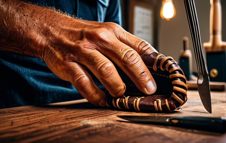**

"A baseball glove being relaced. Focus on the hand meticulously weaving a new brown leather lace through the glove, using a leather awl. Tools like leather scissors and a small hammer are visible on a workbench. Warm lighting, close-up shot, professional photography, fully clothed, appropriate content, safe for work, perfect anatomy, correct proportions, professional."

**