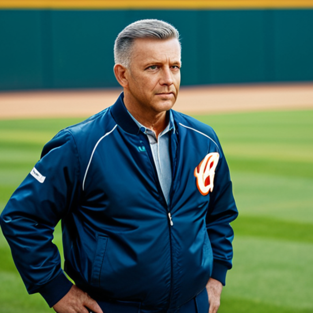 야구 유니폼 맞춤 제작 가이드 - A professional baseball team manager, fully clothed in a team jacket and slacks, standing on a baseb...