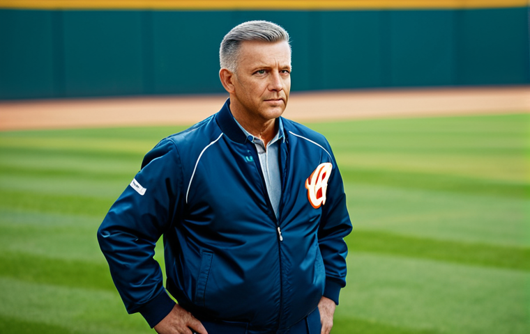 야구 유니폼 맞춤 제작 가이드 - A professional baseball team manager, fully clothed in a team jacket and slacks, standing on a baseb...