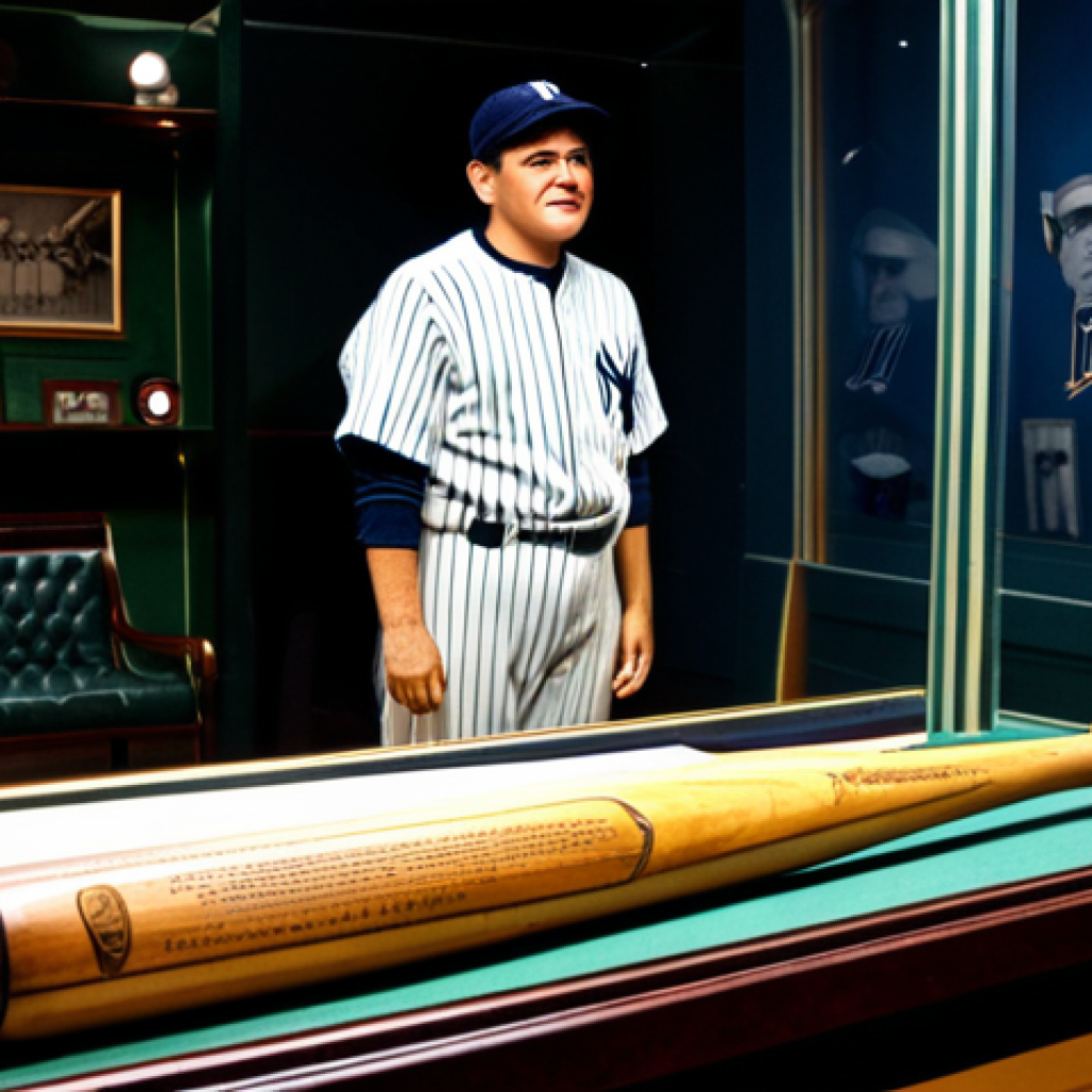 야구 박물관 및 역사적 장소 소개 - **Prompt:** A baseball museum exhibit featuring Babe Ruth's bat displayed behind glass, historical a...