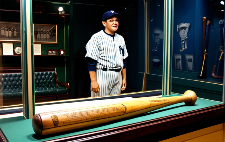 야구 박물관 및 역사적 장소 소개 - **Prompt:** A baseball museum exhibit featuring Babe Ruth's bat displayed behind glass, historical a...