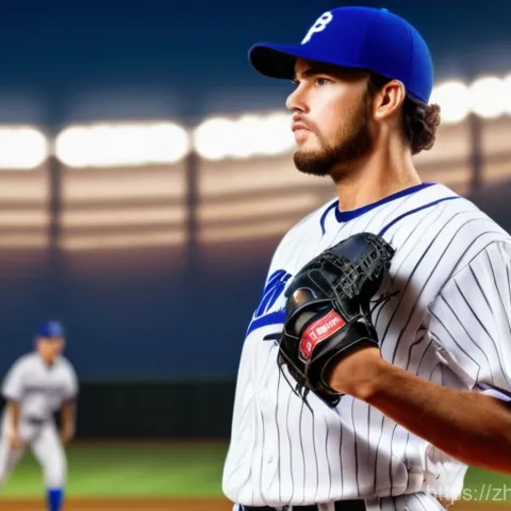 야구 기록 보유자 소개 - A powerful male baseball pitcher, wearing a full, clean, and modern baseball uniform, is captured mi...