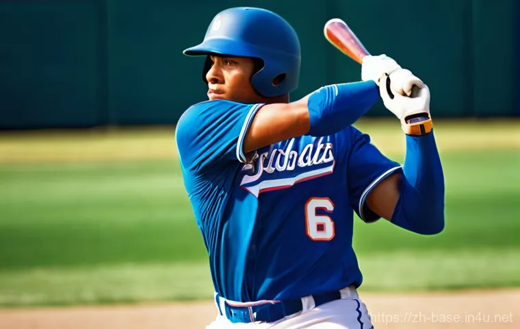 야구 손목 강화 운동 - **Powerful Baseball Swing:**
    A male baseball player, in his early 20s, captured in a dynamic, fu...