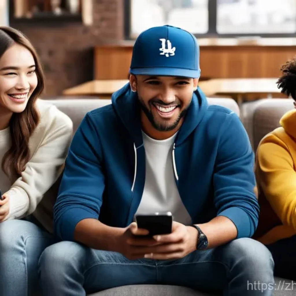 야구 팬덤의 문화적 영향 - **Group Social Viewing:** A diverse group of young adults (20s-30s, mixed gender) are comfortably ga...