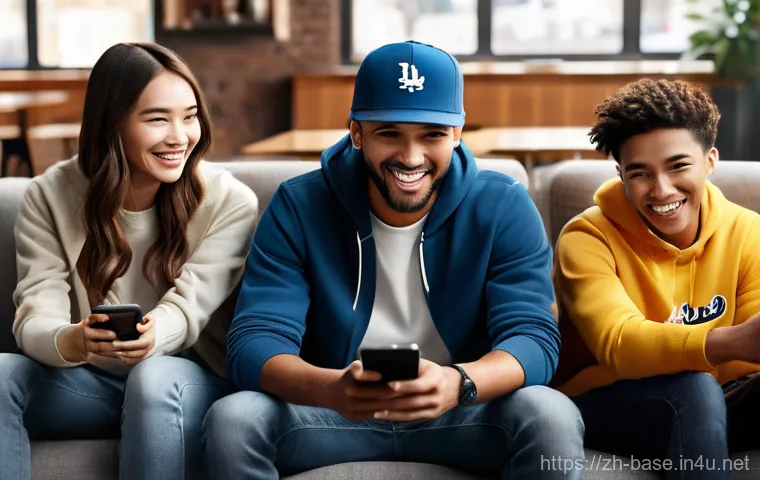 야구 팬덤의 문화적 영향 - **Group Social Viewing:** A diverse group of young adults (20s-30s, mixed gender) are comfortably ga...