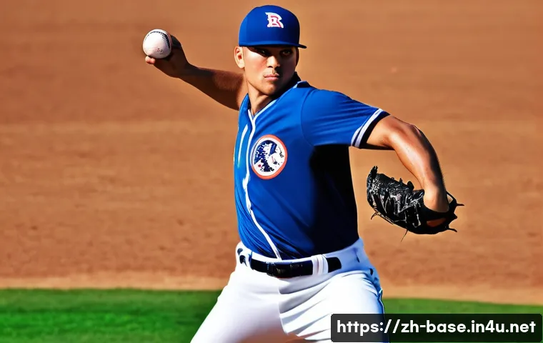 야구 투수 기본 자세 - A dynamic scene of a baseball pitcher in mid-throw, showcasing strong core muscle activation. The at...