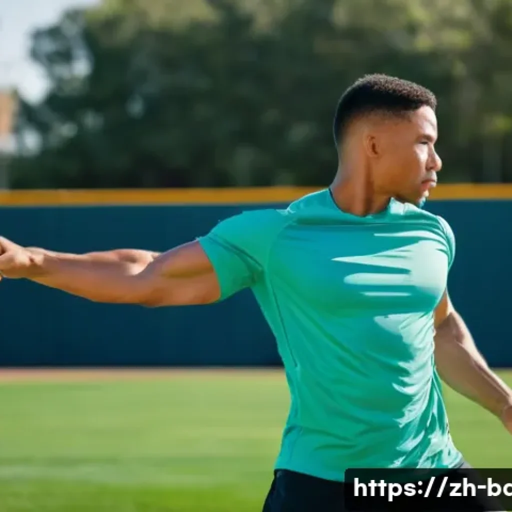 야구 어깨 부상 예방 - A detailed and dynamic scene of a male baseball player in his mid-20s performing shoulder warm-up ex...