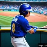 야구 관련 서적 소개 - A dynamic baseball game scene focusing on a batter preparing to hit with intense concentration, wear...