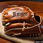야구 글러브 길들이는 방법 - A detailed close-up of a premium natural cowhide baseball glove being gently treated with glove oil,...