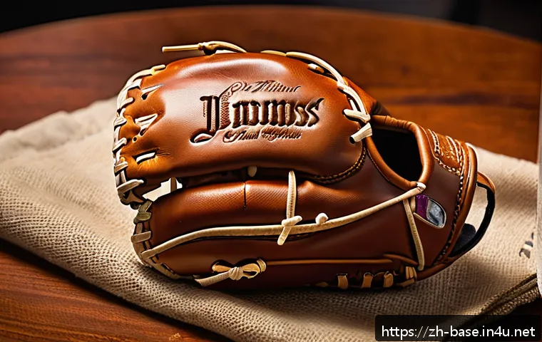 야구 글러브 길들이는 방법 - A detailed close-up of a premium natural cowhide baseball glove being gently treated with glove oil,...