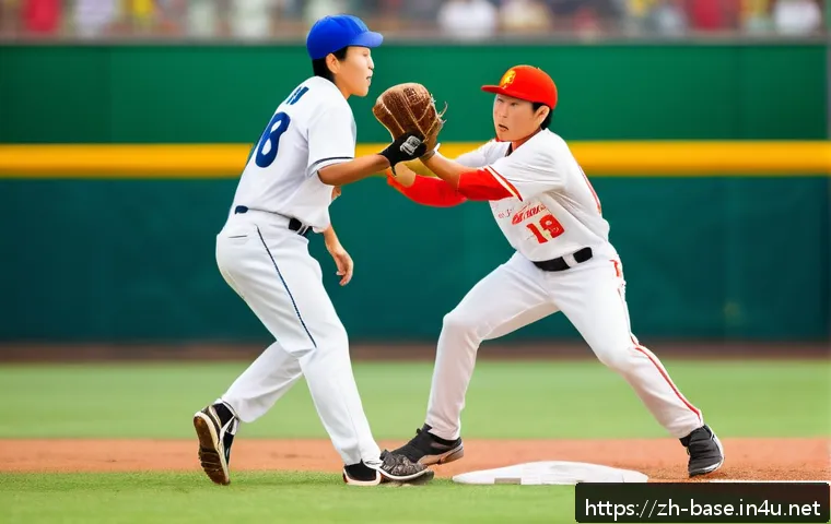 야구 경기의 스포츠맨십 사례 - A dynamic baseball scene showing an outfielder and an infielder executing a perfect double play duri...