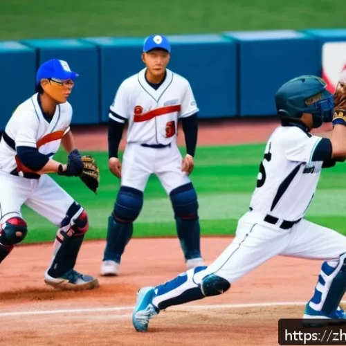 야구 경기 초보 가이드 - A dynamic baseball game scene at a professional stadium under bright daylight, featuring nine player...