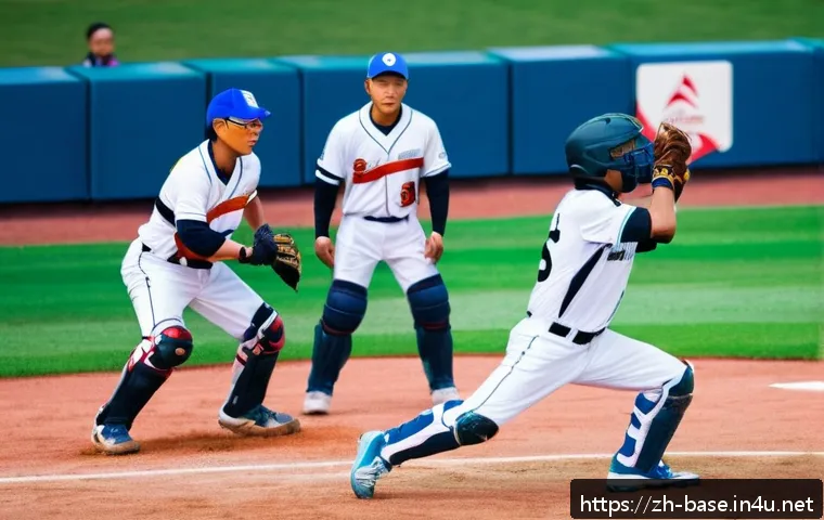 야구 경기 초보 가이드 - A dynamic baseball game scene at a professional stadium under bright daylight, featuring nine player...