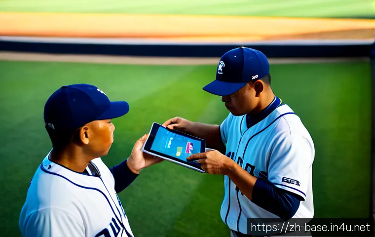 야구의 전술적 혁명 - Photorealistic professional baseball strategy scene, diverse coaching staff and players studying a t...