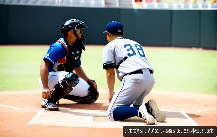 야구 스트라이크 존 이해하기 - Photorealistic baseball game viewed from behind home plate, a catcher crouching in full protective g...